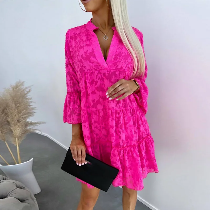 

Summer Holiday Beach A-line Loose Dress New Solid Color Jacquard Mini Dress Elegant Casual V Neck 3/4 Sleeve Pleated Party Dress