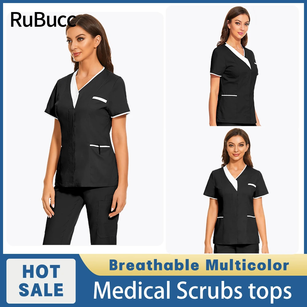 

Nurse Uniform Women Short Sleeve Clothes V-neck Blouse Shirt Pocket Beauty Care Scrub Uniform Pullover Tops Enfermera Mujer New