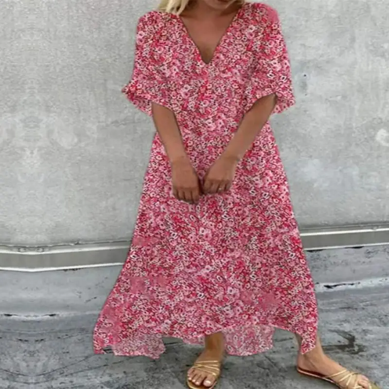 

Plus Size Women's Pink Half Sleeve V-neck Graphic Floral Printed Maxi Dress