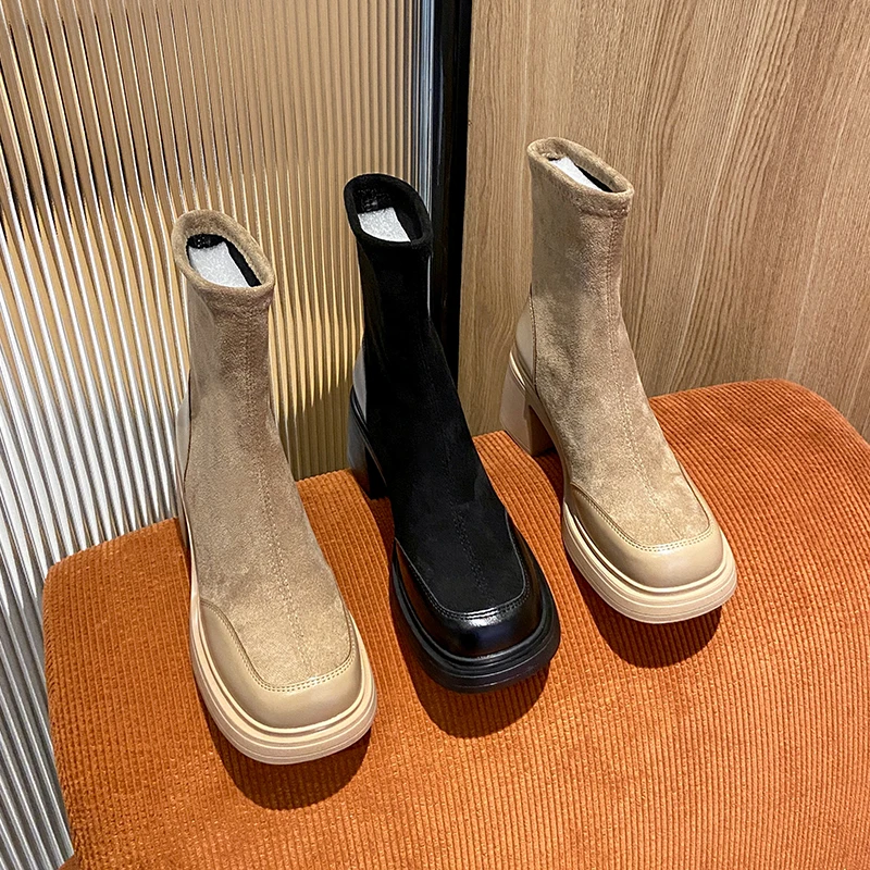 2024 NEW French Chunky High Heels Chelsea Boots Women Winter Shoes New Brand Suede Platform Pumps Slip-On Motorcycle Ankle Boot