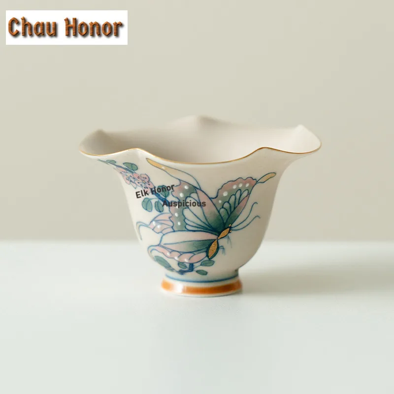 45ml Hand-painted Butterfly High-footed Teacup Elegant Tea Bowl Set Cups Tea-tasting Smelling Cup Chazhan Master Cups Drinkware