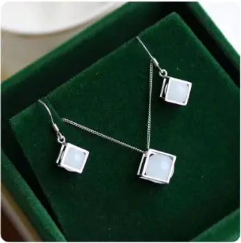 

Natural 100% real Sterling Silver necklace mosaic hetian jade round beads pendant earring jewelry three-piece set Ladies' Gift