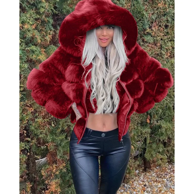 Faux Fur Coat European and American Style Fashion Long Sleeved Solid Color Hooded Autumn and Winter Warm Coat for Women