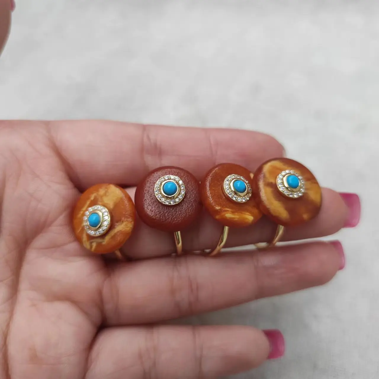 1Pcs/Lot S925 Silver Gold Plated Reflowed Amber Antique Safety Buckle Gemstone Women'S Ring Classical Turquoise Adjustable Taki