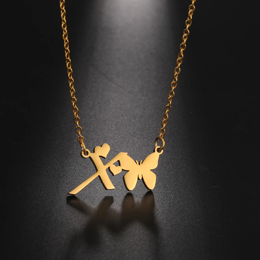 Amaxer for Women Girl Sweet Butterfly Alphabet Necklace A-Z Initial Letter Name Stainless Steel Gold Silver Color Jewelry Gift_voghion.com