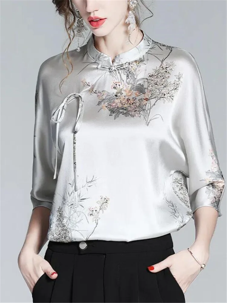 

Vintage Pullover Shirt Ladies Blouses National Style Summer Half Sleeve Top Retro Button Strap Print High-grade Women's Blouses