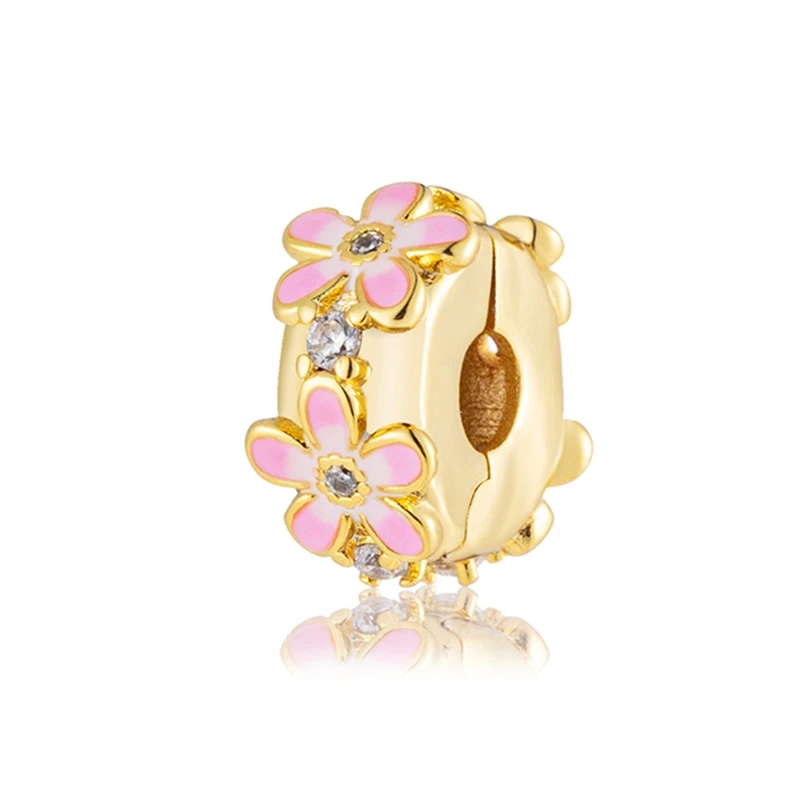 New Gold Daisy Safety Chain Family Tree Lucky Clover Cherry Blossom Clip Charm Bead Fit Original 925 Silver Bracelet DIY Jewelry 6