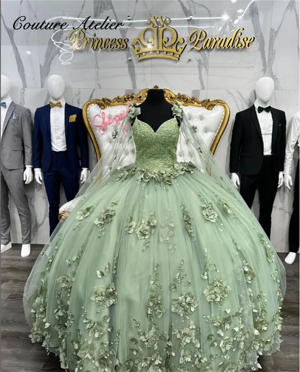 

Зеленые платья для Quinceanera на тонких бретельках с 3D цветами, накидка, бальное платье, корсет, платье принцессы, платья для Quinceanera aqua