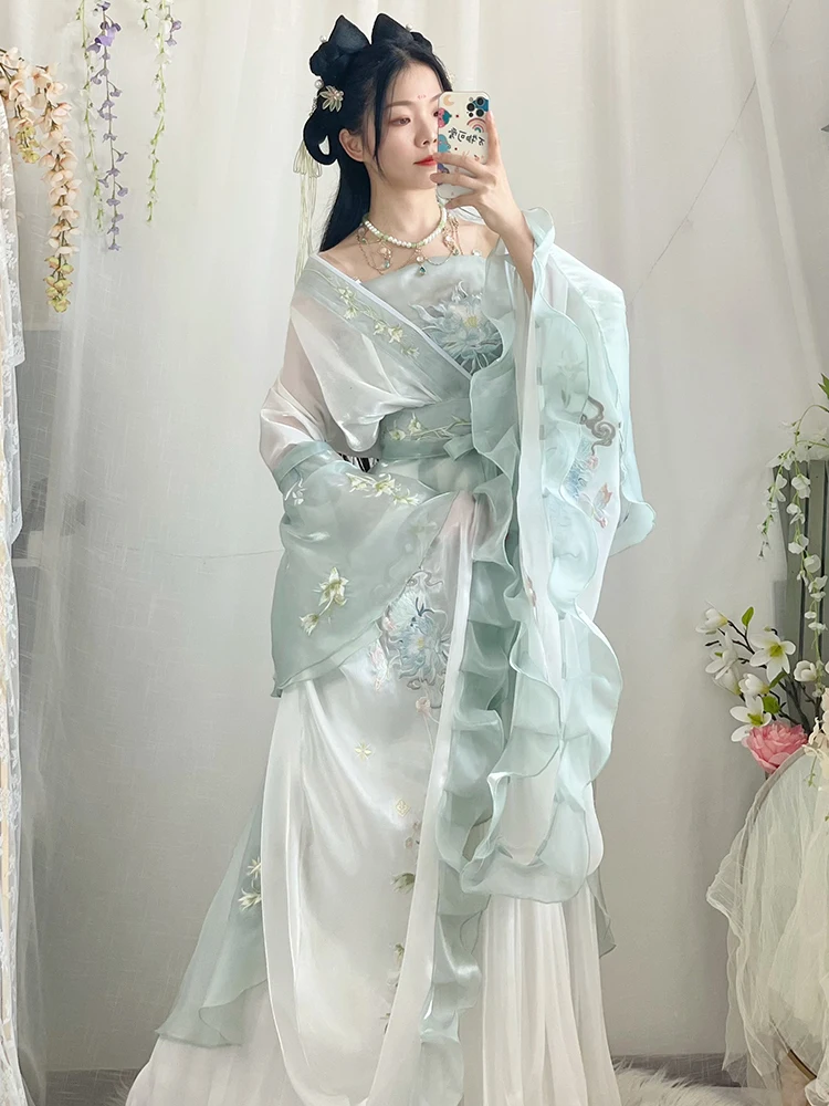 

Traditional Chinese Hanfu Women Wei Jin Dynasty Embroidered Carnival Fairy Cosplay Costume Green Dance Dresses 8PCS Full Sets