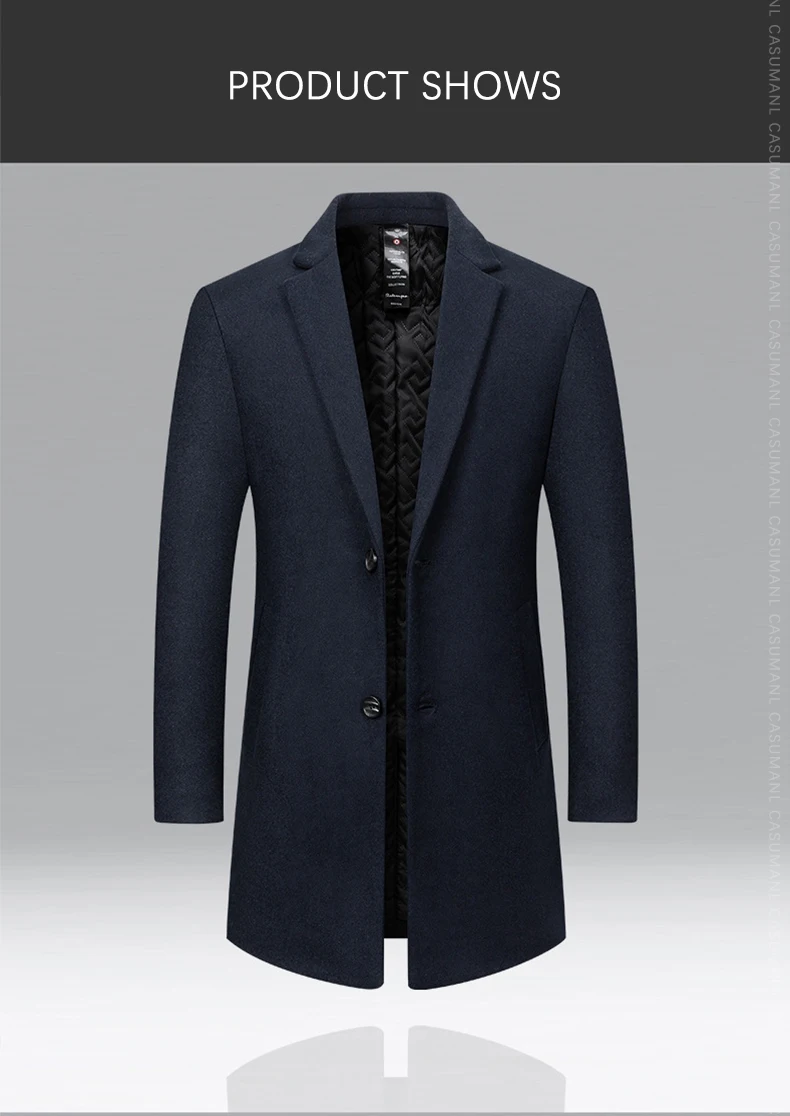 BROWON Brand 2026 Winter Elegant Woolen Coat Man Thicken Navy Color Smart Casual Outdoor Long Overcoat for Men Wollmantel