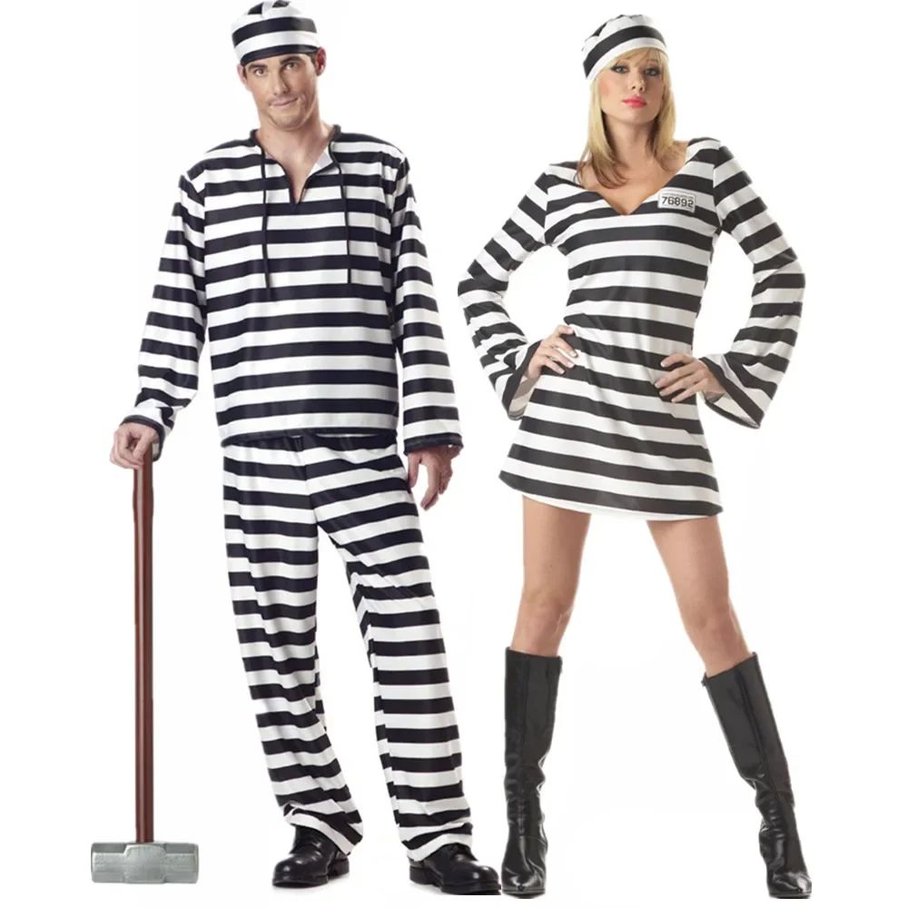 Prisoner Cosplay Costume for Couples Black White Stripe Violent - Main Image