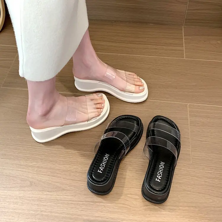 

Шлепанцы женские на низкой платформе, сланцы, модная прозрачная обувь на танкетке, роскошная римская ткань, полиуретан, резина, лето 2024