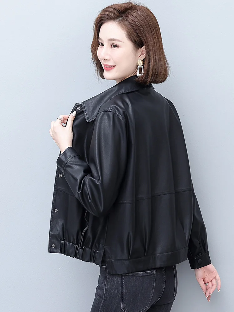 New Women Leather Jacket Autumn Winter Fashion Casual Turn-down Collar Plus Cotton Liner Short Sheepskin Coat Slim Outerwear
