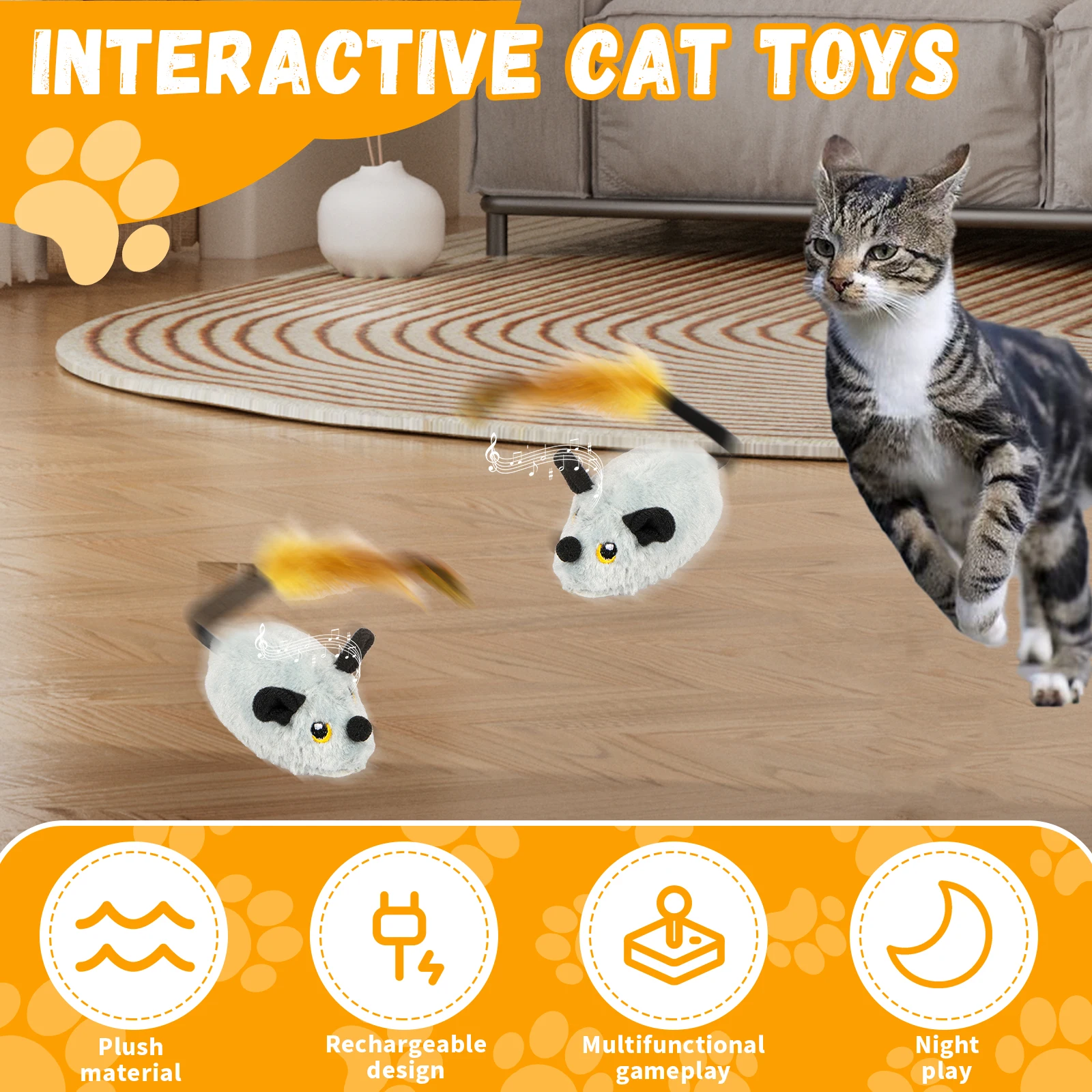 Cat Interactive Mouse Toy Smart Running Mouse Random Moving Electric Cat Teaser Toys Rechargeable Simulation Mice Plush Toys