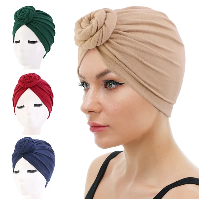 Women Turban Cotton Top Knot Flower Decor Headwrap Muslim Ladies Hair Cover Beanie Head Wear Solid Color India Hat Accessories 1