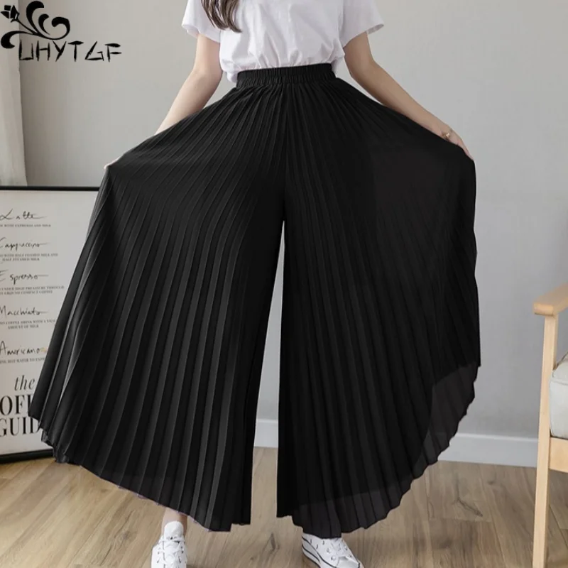 

UHYTGF Pleated Chiffon Wide Leg Pants For Women Summer Loose Elastic High Waist Fresh Sweet Female Seven Points Trouser Skirts