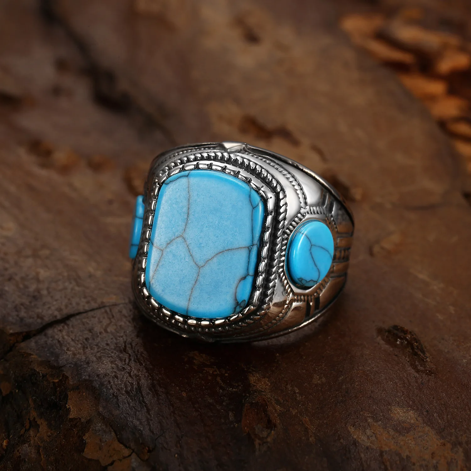 Megin D Stainless Steel Titanium Blue Stone Chalchite Carved Retro Vintage Hip Hop Punk Rings for Men Women Couple Gift Jewelry