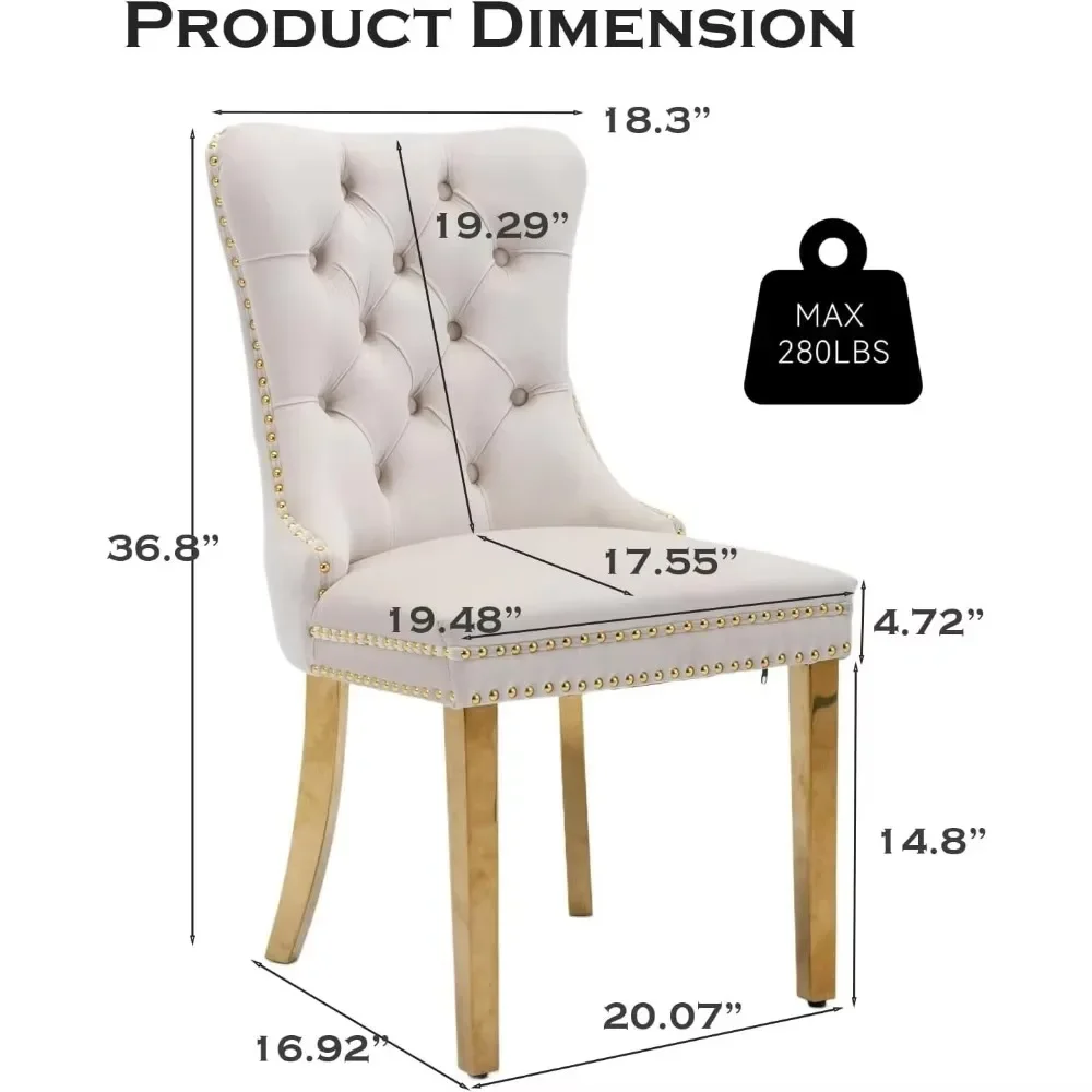 Velvet Upholstered Dining Chairs Set of 2, Nailhead Trim and Gold Plated Leg, Metal Pulling Ring, Modern Style Kitchen Chairs 2