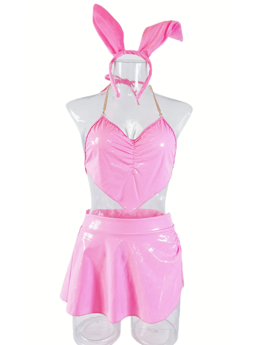 4 Pieces Set Latex Lingerie Neon Pink Underwear Women Bunny Chain Top with Slit Skirt Outfit Nightclub PU Leather Erotic Costume