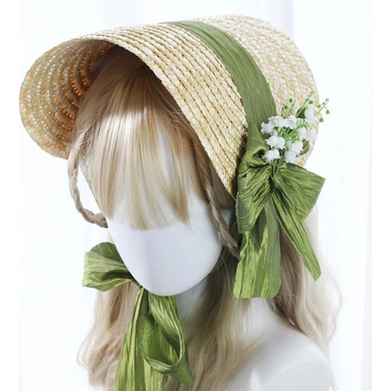 Women Victorian Wedding Tea Party Bonnet Handmade Lolita Retro Green Flower Bow Beach Sun Straw Weaving Hat French Pastoral Cap 3