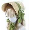 Women Victorian Wedding Tea Party Bonnet Handmade Lolita Retro Green Flower Bow Beach Sun Straw Weaving Hat French Pastoral Cap 3