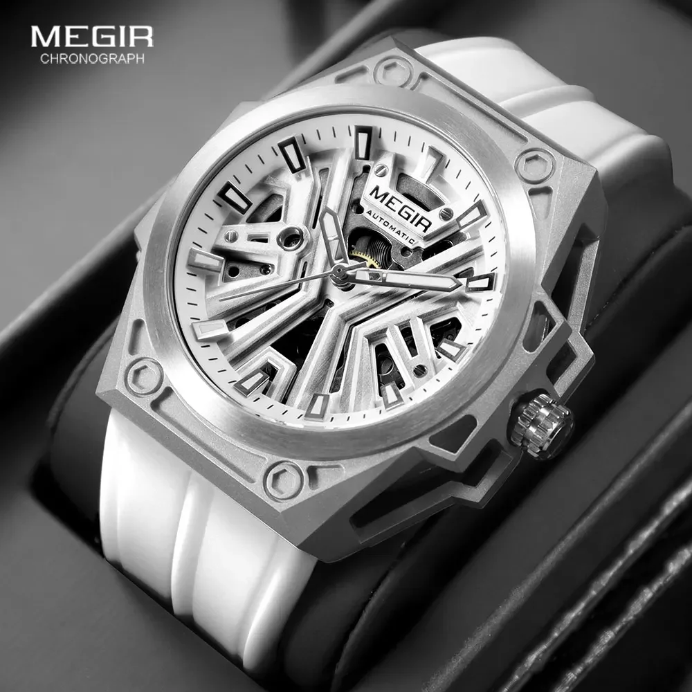 MEGIR Military Sports Automatical Watch Men White Silicone Strap Waterproof Luminous Skeleton Dial Mechanical Wristwatch 8603 mechanical watch