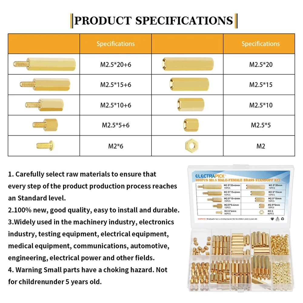 Porca Variedade Kit Set, Latão de Cobre, Placa PCB, M2.5, 280Pcs