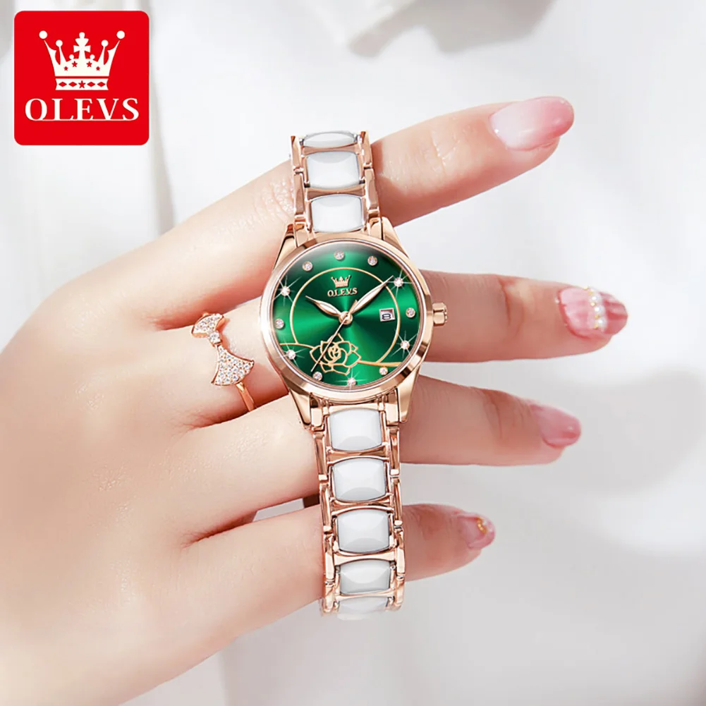 OLEVS Women Quartz Watch Fashion Camellia Design Elegant Ceramics Strap Original Imported Movement Ladies Waterproof Wristwatch