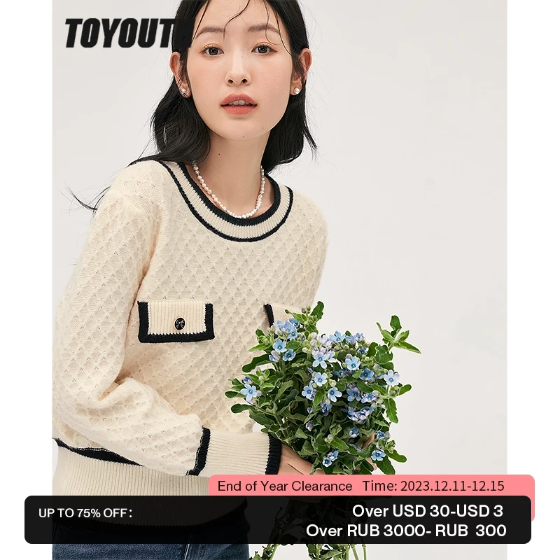 

Toyouth Women Sweater 2022 Winter Long Sleeve O Neck Loose Knitted Pullover Mesh Fitted Waist Warm Casual Chic Tops