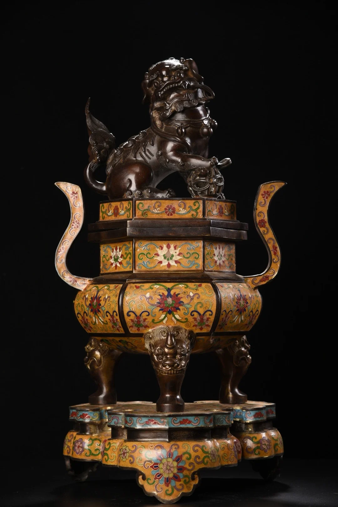 

23"Tibetan Temple Collection Old Bronze Cloisonne Enamel Lion Statue Ruyi Ear Base incense burner Amass wealth Ornaments