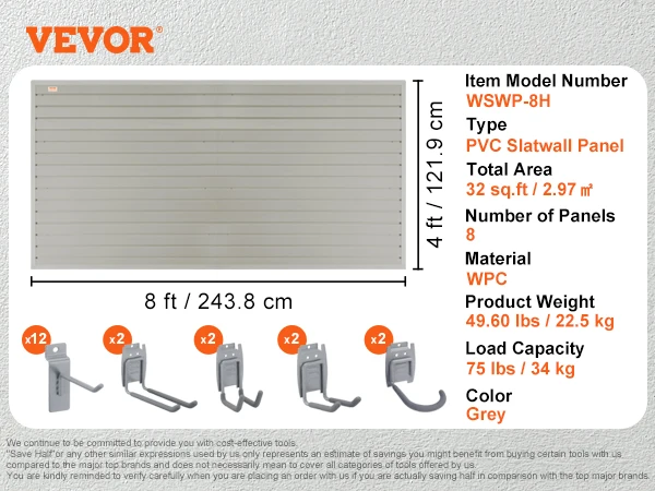 VEVOR Slatwall Panels - 4ft X 1ft Grey Garage Wall Panels (Set Of 8) With 75lb Capacity