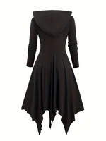 European and American fashion plus size long sleeve Gothic lace-up hooded irregular dress pure black handkerchief hem. - Image 2