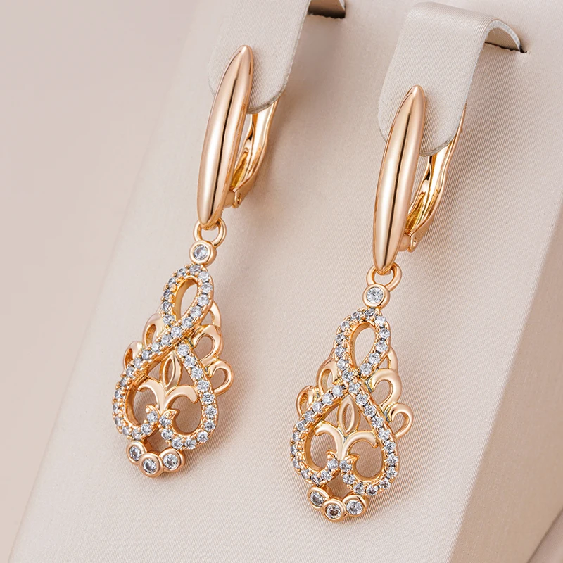 Crystal Flower Long Dangle Earrings for Women Natural Zircon 585 Rose Gold Color Ethnic Bride Fine Daily Jewelry