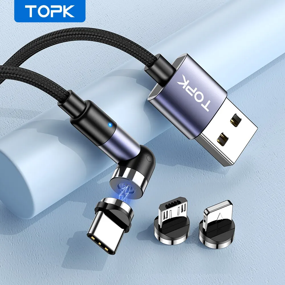 Charging Cable TOPK Magnetic Charging 3 in 1 Cable 540 Rotating Micro USB Type C Cable Magnetic Phone Charger 90 Angle Connector charging cable