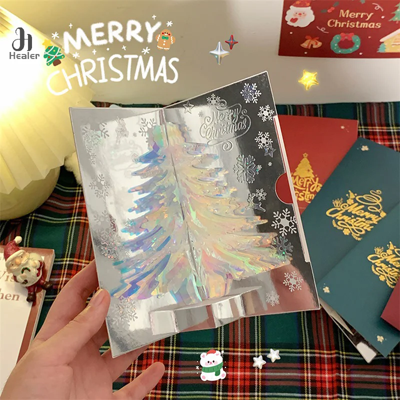 3D Pop Up Christmas Card NO Music Merry Christmas Greeting Card Handwritten Blessing Invitation Cards Thanksgiving Gifts