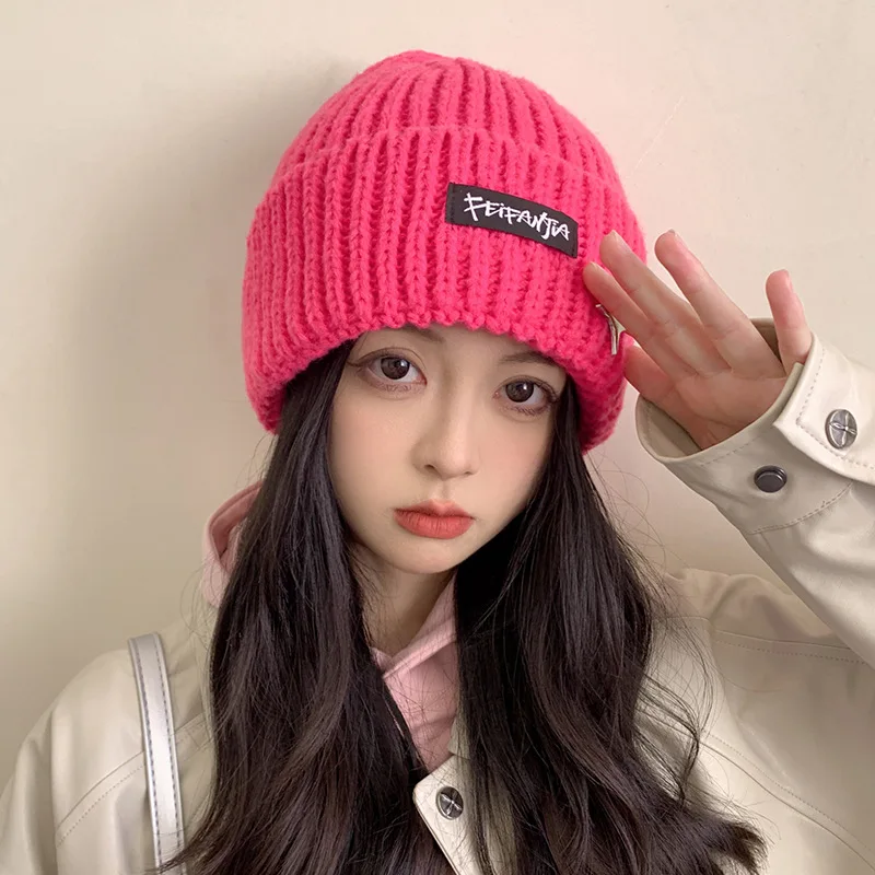 Solid Color Autumn Winter Hat Women Woolen Knitted Warm Beanie Cap Metal Star Ladies Girl Crochet Ear Protection Hat