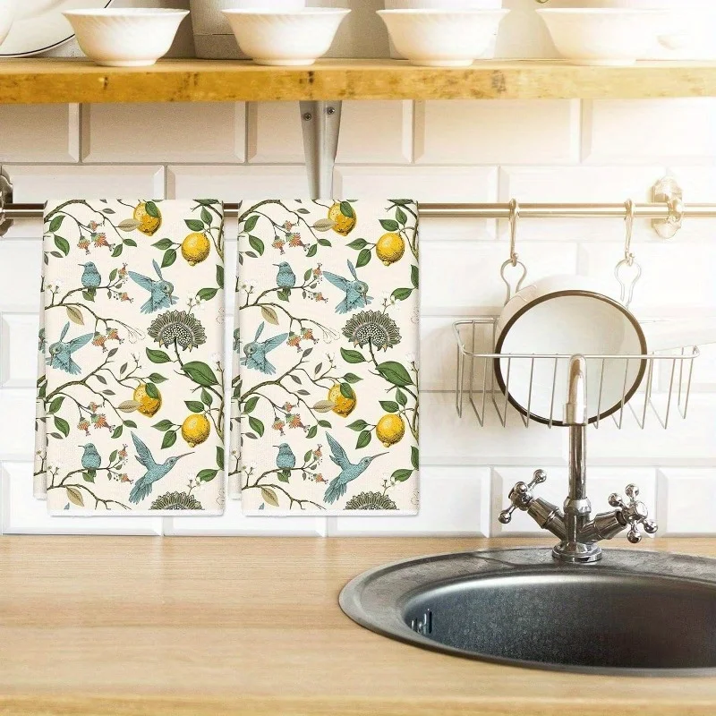 2PCs Vintage Lemon Bird Tea Towels - 16x24 Inch - Super Soft Polyester Blend Dish Cloth - Machine Washable - Woven Rectangular K 2