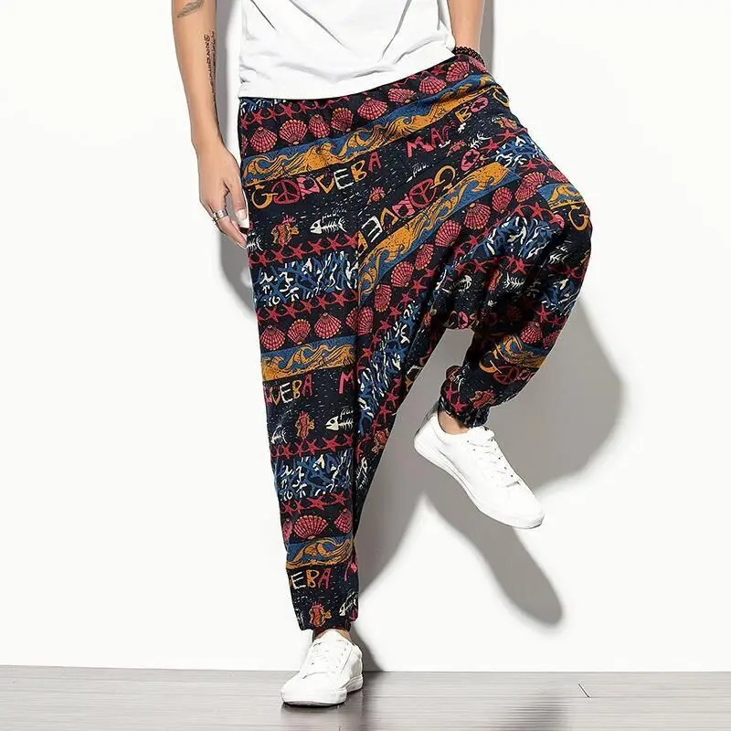 Chinese Styles Linen Cotton Drop Crotch Pants Men Vintage Ethnic Print Streetwear Travel Holiday Club Party Trend Sexy Pantalon