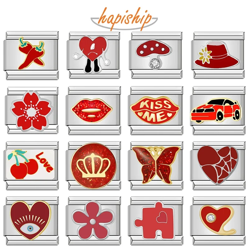 Hapiship 2024 mujeres esmalte rojo flor corazón Kiss Me encantos enlaces italianos ajuste 9mm pulsera de acero inoxidable hacer joyería ZH003