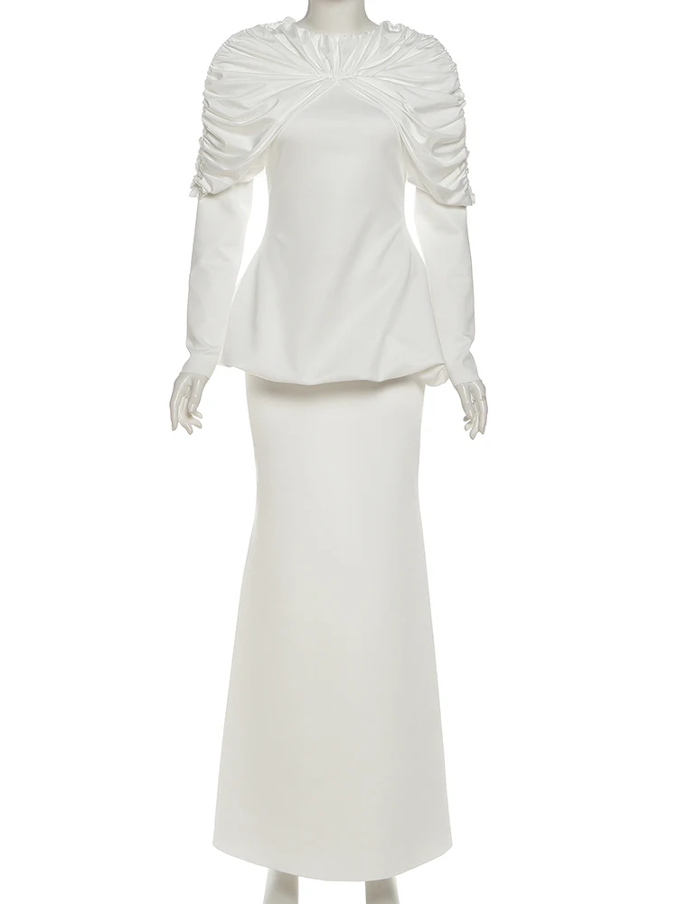 Nibber Elegant 2-Piece Set Women Folds Zipper Full Sleeve o-Neck Puffy Hem Tops+Simple Long Skirts Solid Fashion Banquet Suit