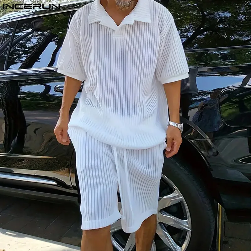 

Рубашка INCERUN мужская с отложным воротником, прозрачная блуза с короткими рукавами и шорты на шнуровке, уличная одежда из 2 предметов, повседневные Костюмы в полоску, лето 2024