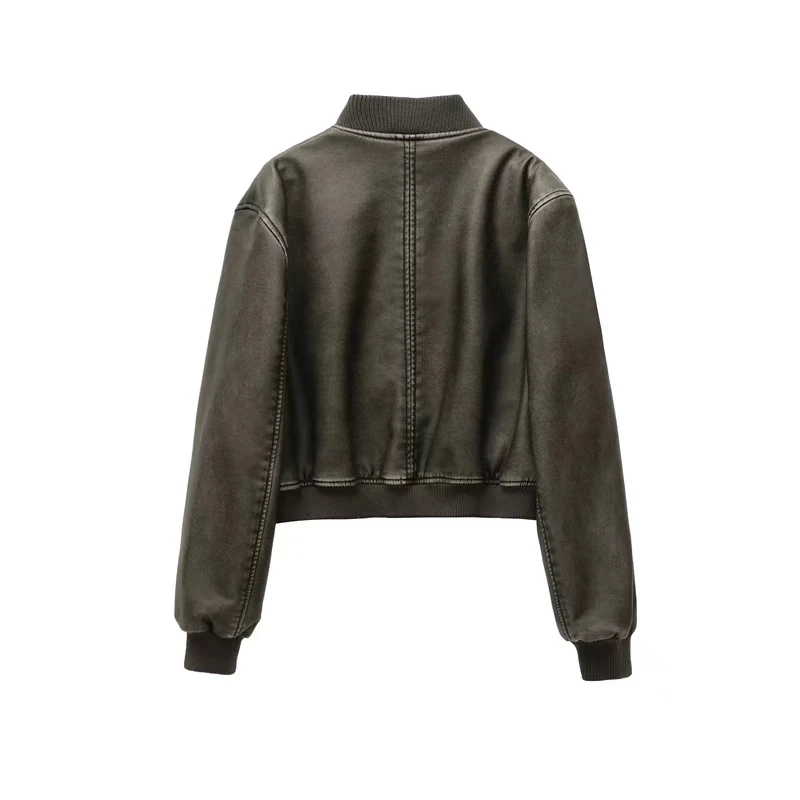 Women's Street fashion Faux Leather Bomber Jacket Stand Collar Black Short Leather Coat 5
