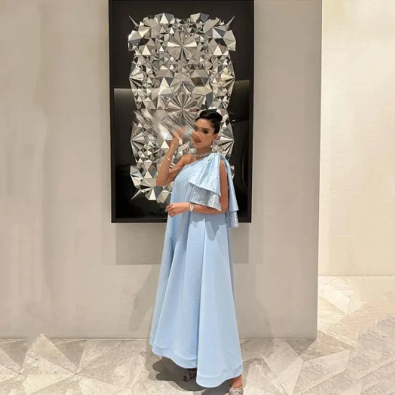 

Платье на одно плечо с бантом для выпускного вечера из Саудовской Аравии длиной до щиколотки 2024 ярко-голубого цвета