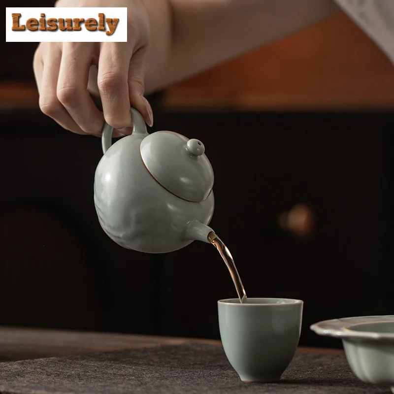 130ml Azure Ru Kiln Dream Teapot Traditional Tea Infuser Pot Tea Maker Kettle With Ball Hole Tea Ceremony Accessories Ornaments
