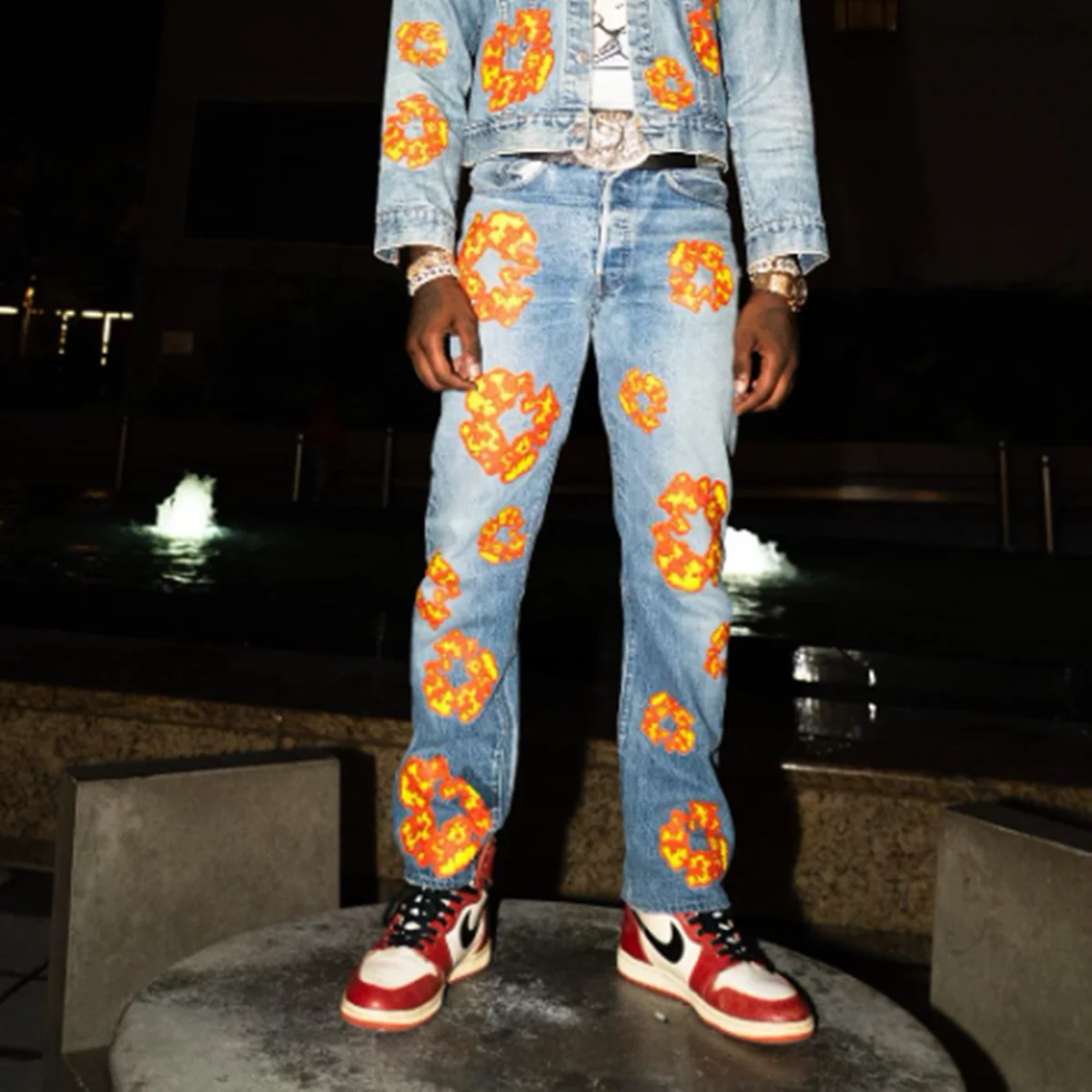 Yao888 Streetwear Flame Kapok Denim Pants Jointly Designed Fashion Brand 1:1 HipHop Star Style Casual Vintage Pants For Men