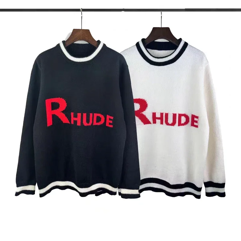 

Red Rhude Jacquard Logo Stripe Knit Sweater Crewneck Men’s And Women's Casual Clothing Oversize Kint Sweatshirts Pullovers y2k