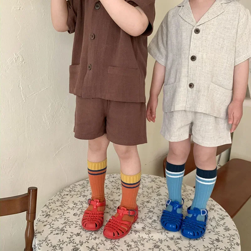 Summer Girls Clothes V-neck Single Breasted Shirt and Linen Shorts 2 Pcs Boys Suit boys clothing set girls clothing set kids clothing set
