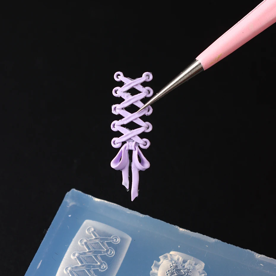 유행 활 발레 네일 스탬핑 플레이트 귀여운 나비 매듭 실리콘 조각 몰드 미니 식기류 매니큐어 장식 용품