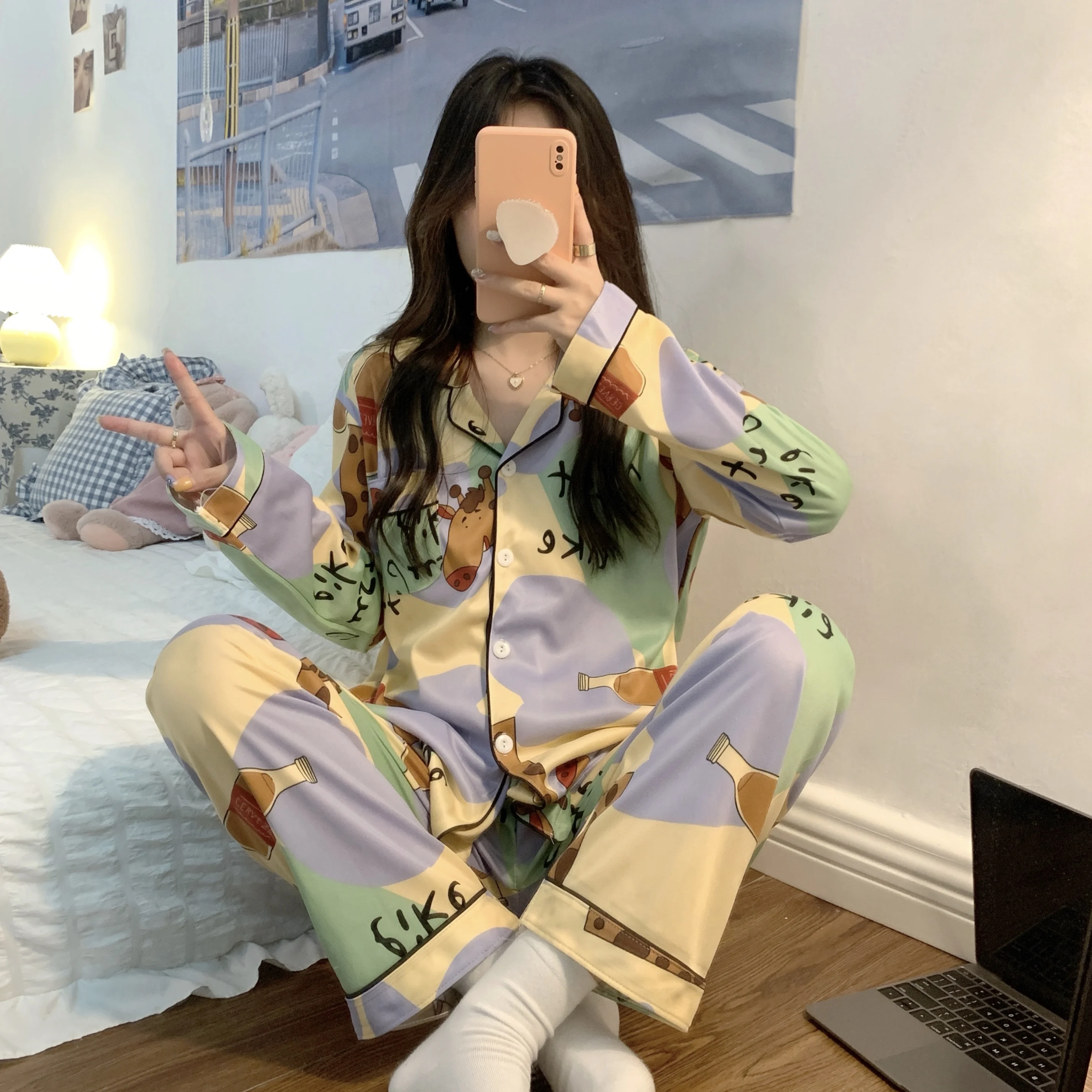 New style pajamas women's spring and autumn cardigan small lapel button milk silk Korean women's home suit evening dress