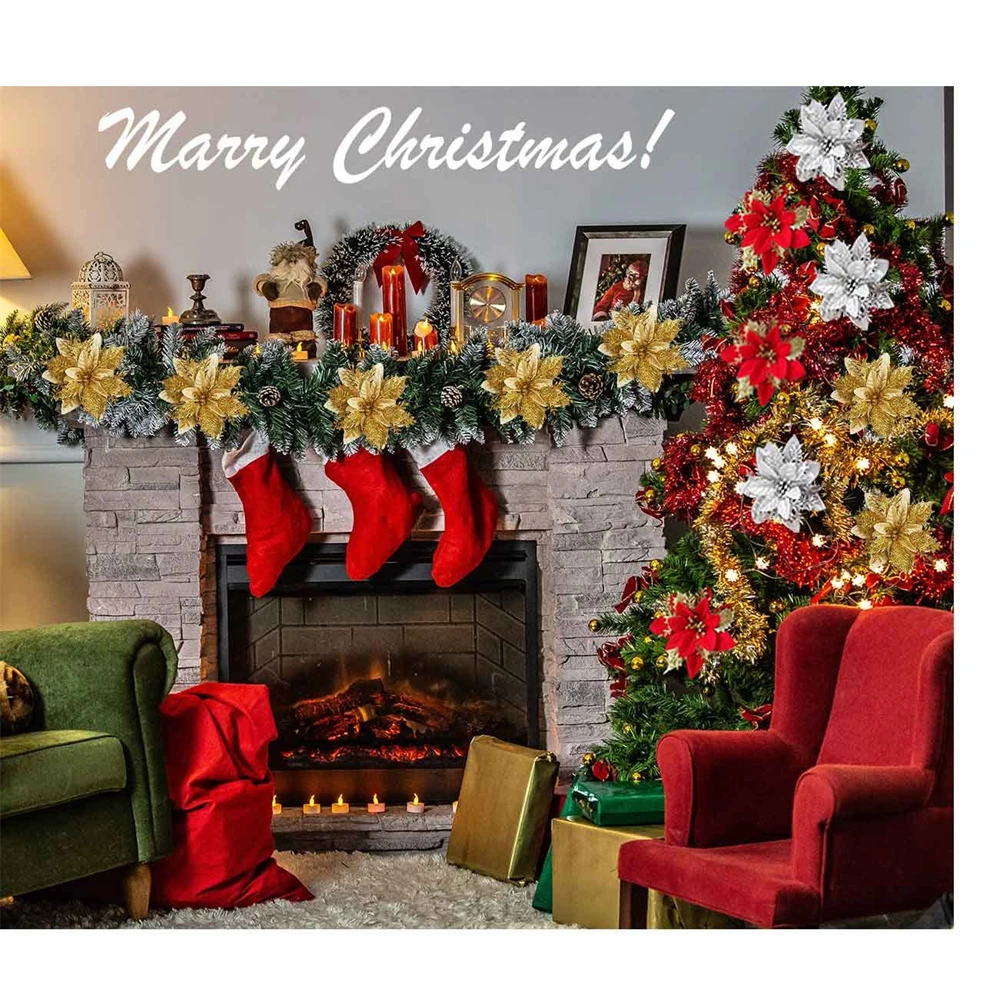 10/5/3 Stücke 14 cm Glitter Künstliche Weihnachtsblumen Weihnachtsbaum Ornamente Frohe Weihnachten Dekorationen für Zuhause Neujahr Geschenk Nav – Detail 6